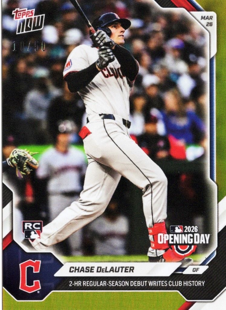 2026 Topps Now Chase DeLauter #12 Gold Foil /50 2 Home Run Regular Season Debut Writes Club History Cleveland Guardians Rookie RC Baseball Card