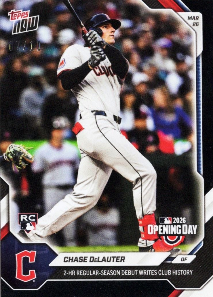 2026 Topps Now Chase DeLauter #12 Black Foil /10 2 Home Run Regular Season Debut Writes Club History Cleveland Guardians Rookie RC Baseball Card
