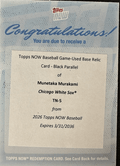 2026 Topps Now Munetaka Murakami #5 Black Base Relic /10 Japanese Slugger Hits 1st MLB Home Run in Debut Chicago White Sox Rookie RC Redemption Baseball Card