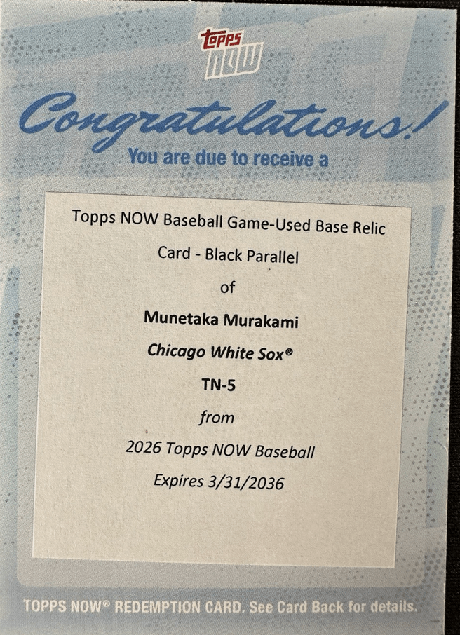 2026 Topps Now Munetaka Murakami #5 Black Base Relic /10 Japanese Slugger Hits 1st MLB Home Run in Debut Chicago White Sox Rookie RC Redemption Baseball Card