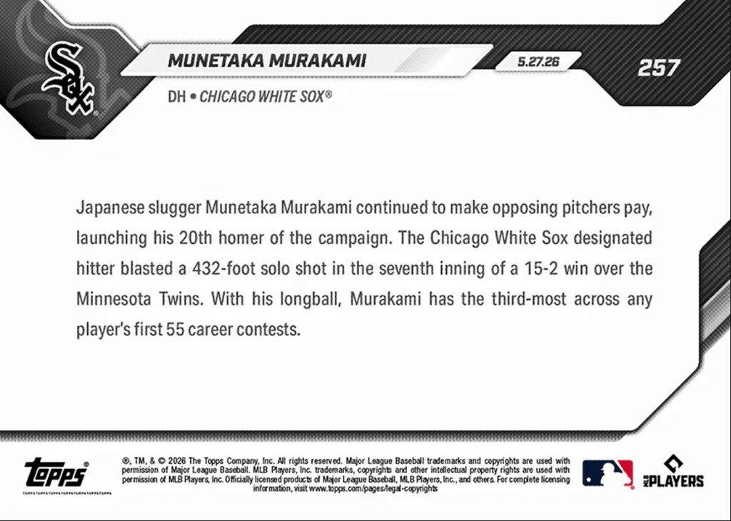 2026 Topps Now Munetaka Murakami #257 20 Home Runs Are Most For Rookie Before June Since 1901 Chicago White Sox Rookie RC Baseball Card