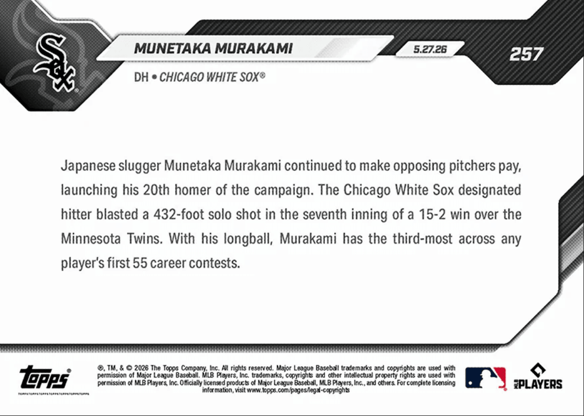 2026 Topps Now Munetaka Murakami #257 20 Home Runs Are Most For Rookie Before June Since 1901 Chicago White Sox Rookie RC Baseball Card