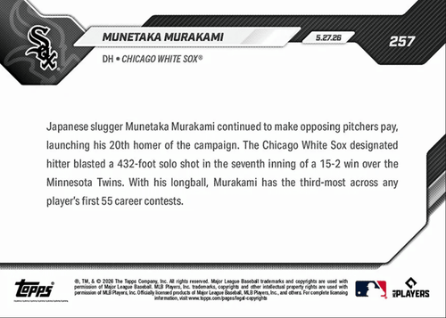 2026 Topps Now Munetaka Murakami #257 20 Home Runs Are Most For Rookie Before June Since 1901 Chicago White Sox Rookie RC Baseball Card