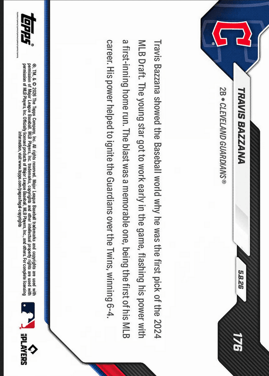 2026 Topps Now Travis Bazzana #176 Orange Foil /25 Top Prospect's 1st Home Run Caps Off Memorable Night Cleveland Guardians Rookie RC Baseball Card