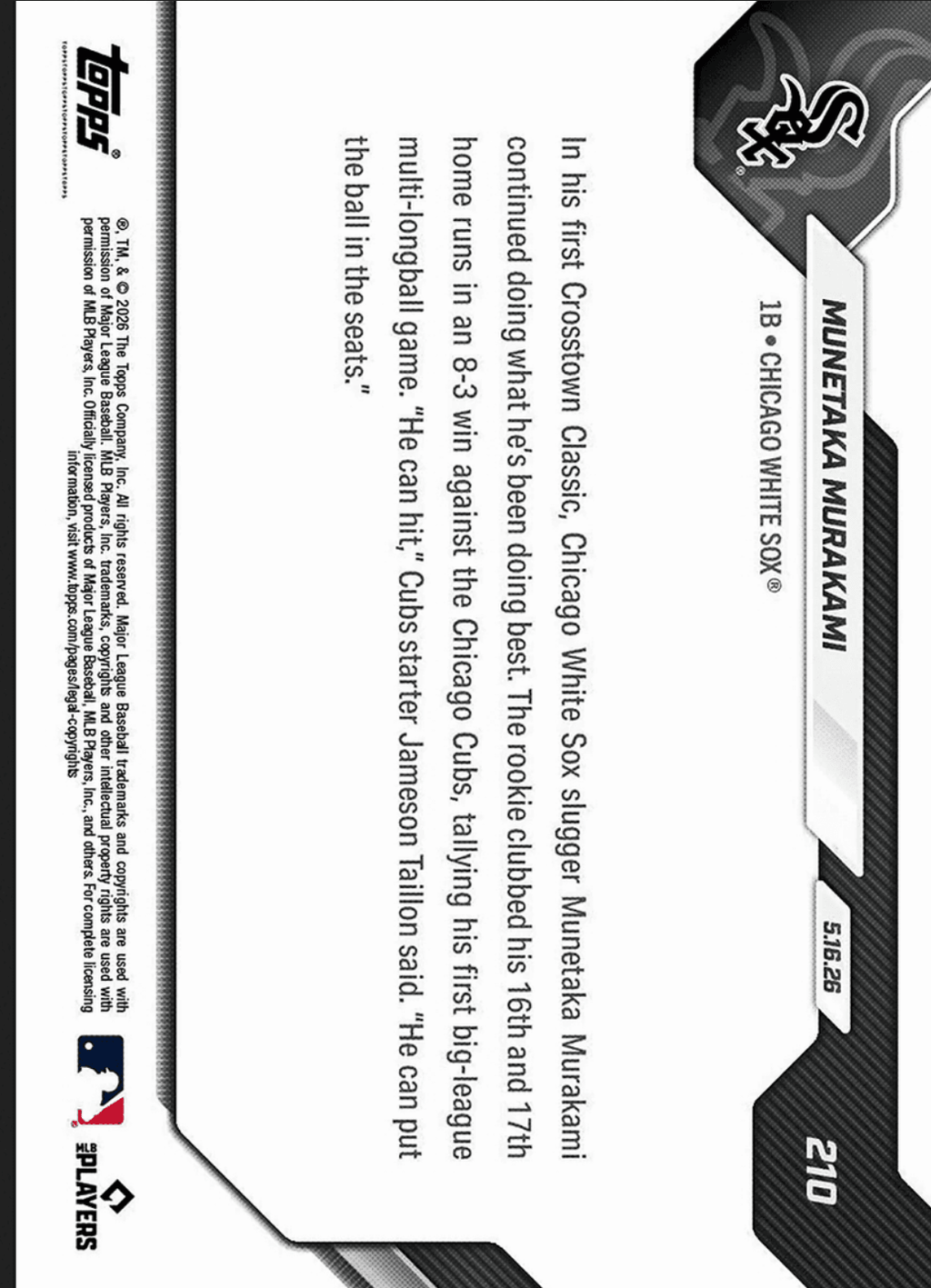 2026 Topps Now Munetaka Murakami #210 Foilfractor 1/1 1st Multi Home Run Game Comes in Rivalry Victory Chicago White Sox Rookie RC Baseball Card