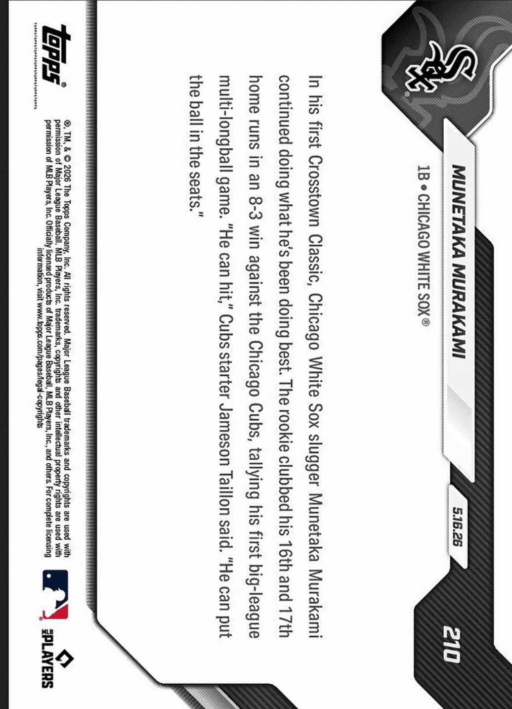 2026 Topps Now Munetaka Murakami #210 Foilfractor 1/1 1st Multi Home Run Game Comes in Rivalry Victory Chicago White Sox Rookie RC Baseball Card