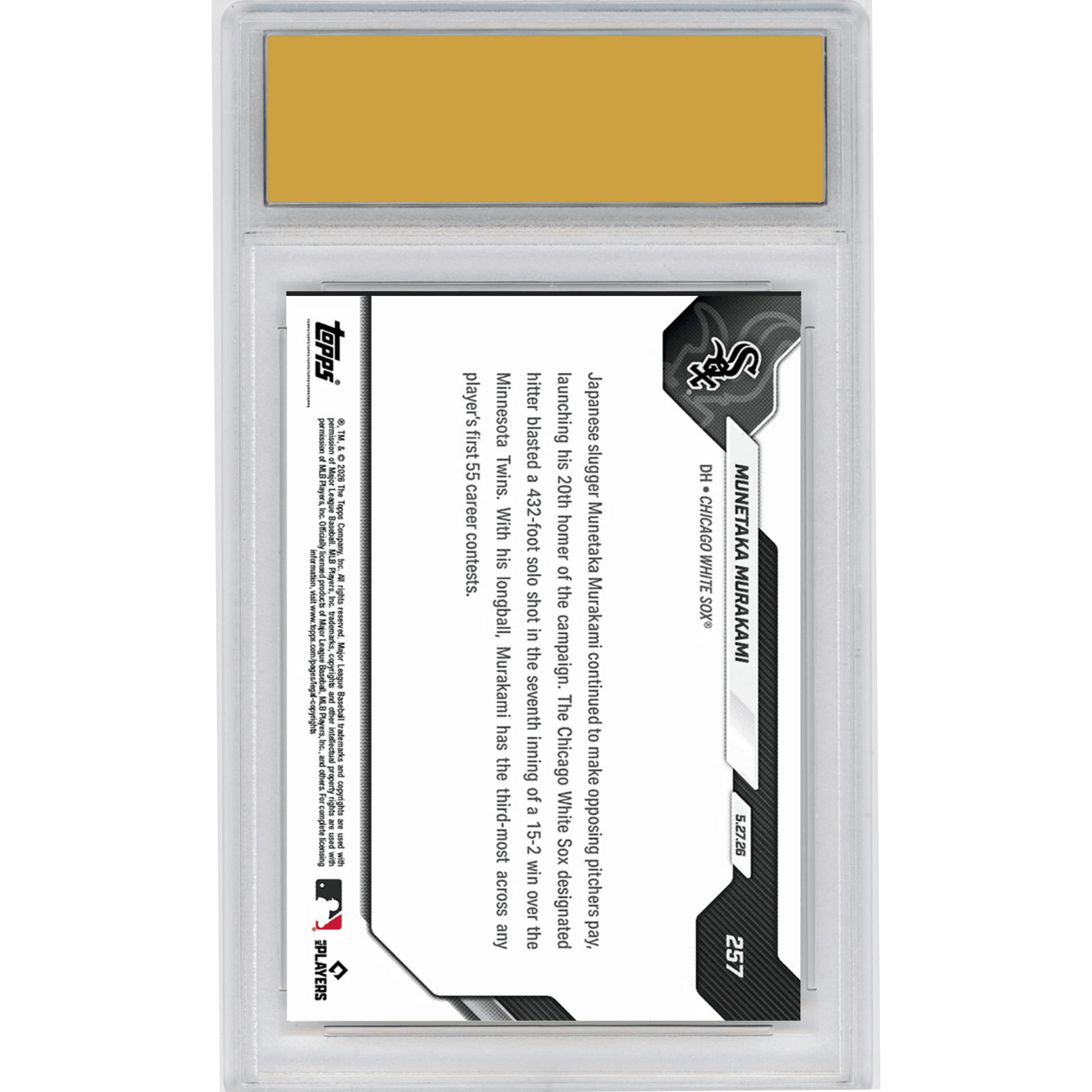 Graded 2026 Topps Now Munetaka Murakami #257 20 Home Runs Are Most For Rookie Before June Since 1901 Chicago White Sox Rookie RC Baseball Card HOFSM 10 Gem Mint