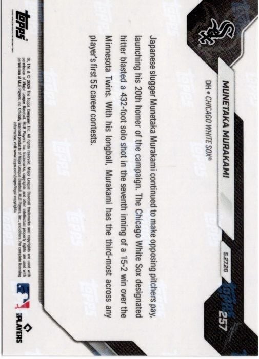 2026 Topps Now Munetaka Murakami #257 Foilfractor 1/1 20 Home Runs Are Most For Rookie Before June Since 1901 Chicago White Sox Rookie RC Baseball Card