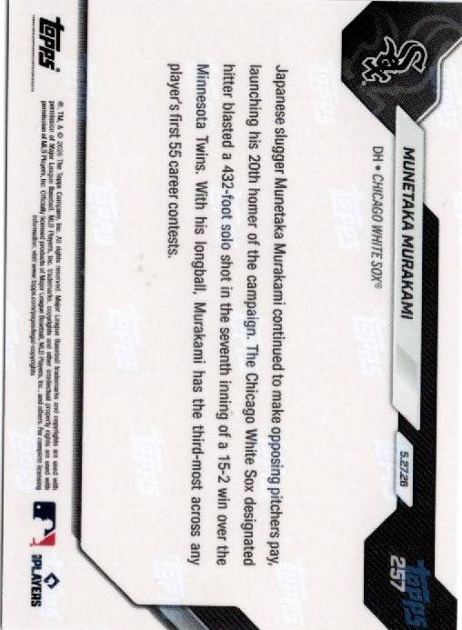 2026 Topps Now Munetaka Murakami #257 Gold Foil /50 20 Home Runs Are Most For Rookie Before June Since 1901 Chicago White Sox Rookie RC Baseball Card