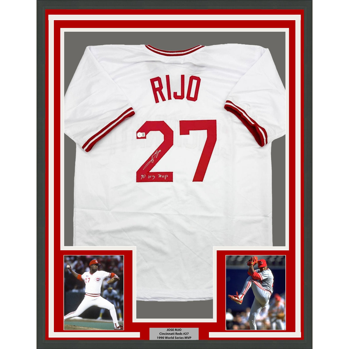 Framed Autographed/Signed Jose Rijo 35x39 90 WS MVP Cincinnati White Baseball Jersey Beckett BAS COA