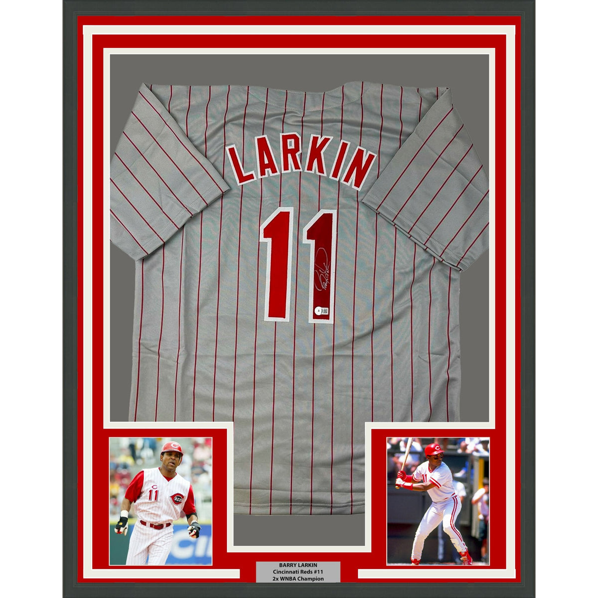 Framed Autographed/Signed Barry Larkin 35x39 Cincinnati Grey Pinstripe Baseball Jersey Beckett BAS COA