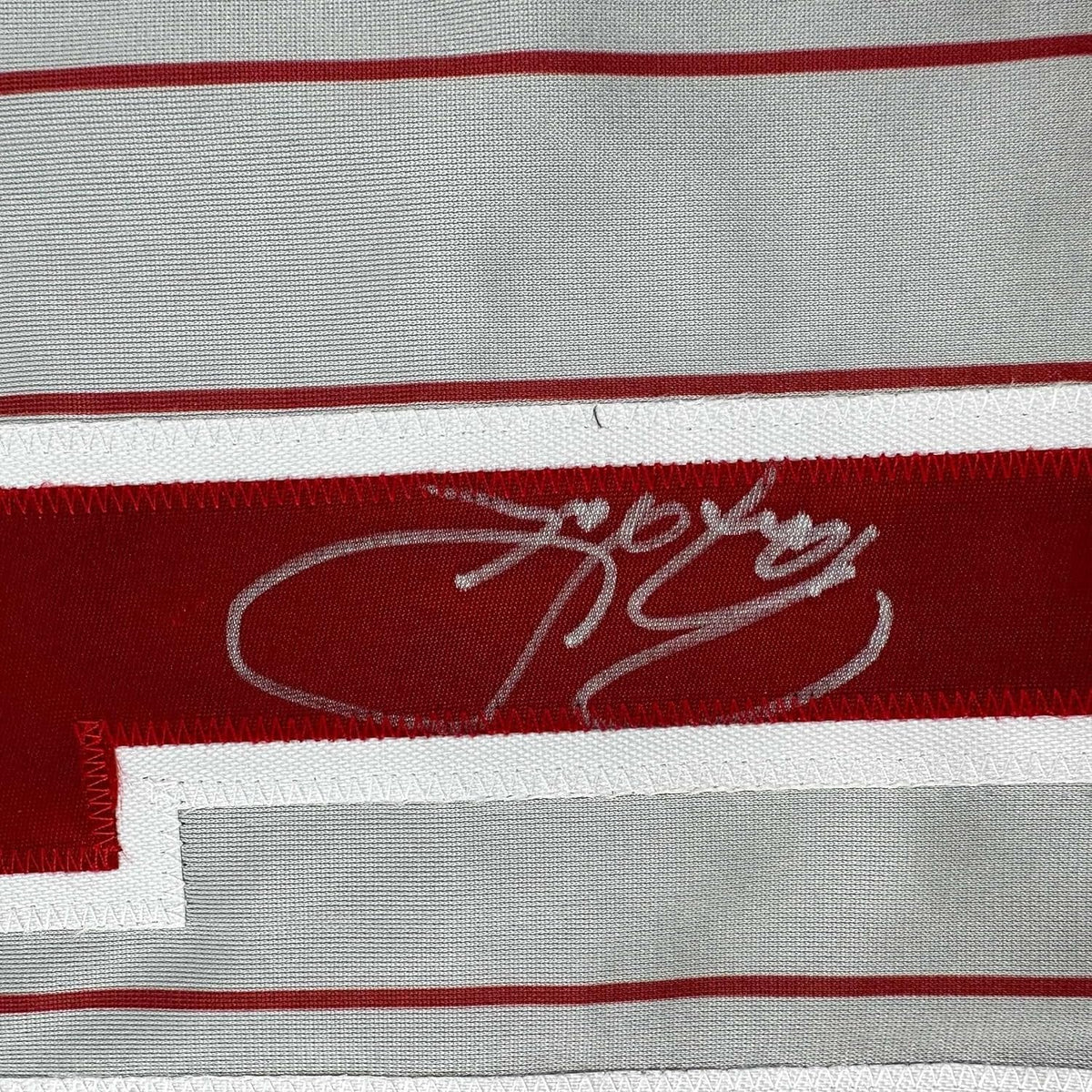 Framed Autographed/Signed Barry Larkin 35x39 Cincinnati Grey Pinstripe Baseball Jersey Beckett BAS COA
