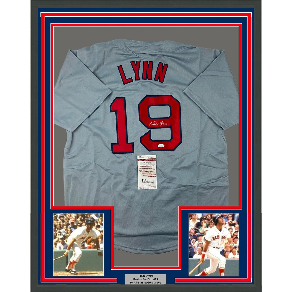 Framed Autographed/Signed Fred Lynn 35x39 Boston Grey Baseball Jersey JSA COA