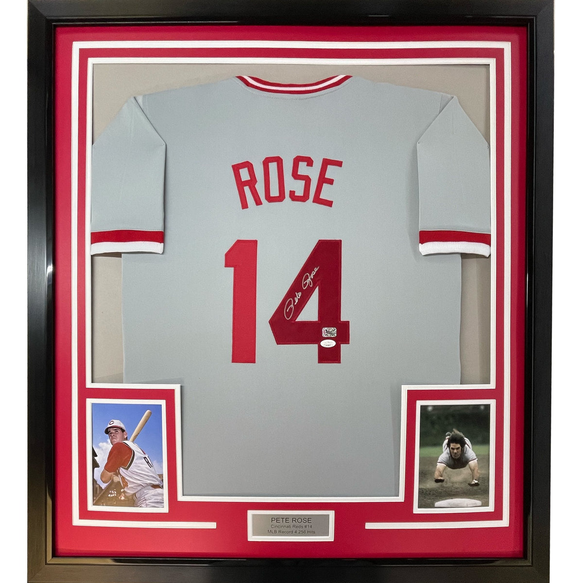 Framed Autographed/Signed Pete Rose 35x39 Cincinnati Grey Baseball Jersey JSA COA