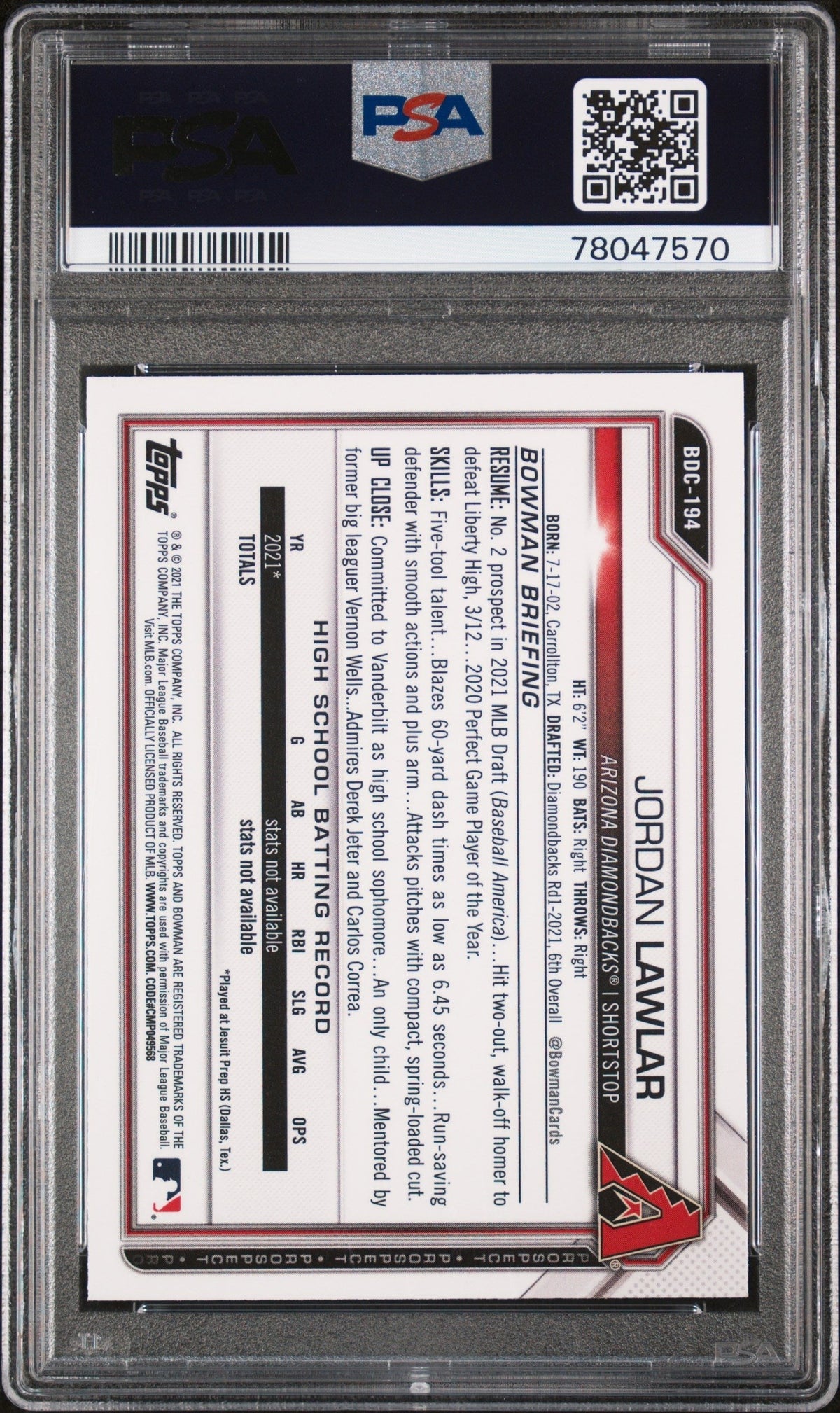 Graded 2021 Topps Bowman Draft Jordan Lawler #BDC194 Chrome Rookie RC Baseball Card PSA 10 Gem Mint