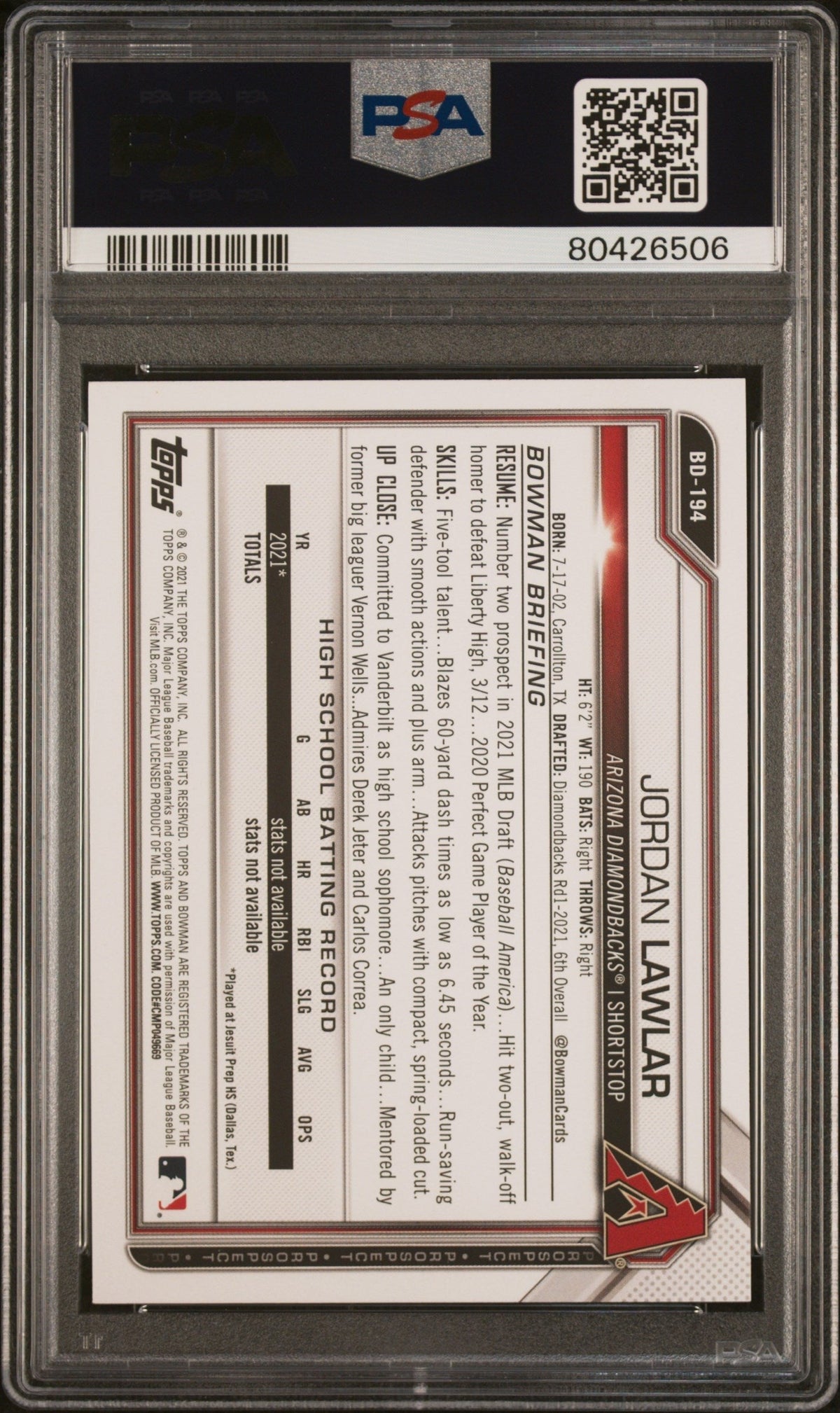 Graded 2021 Topps Bowman Draft Jordan Lawler #BD194 Rookie RC Baseball Card PSA 10 Gem Mint
