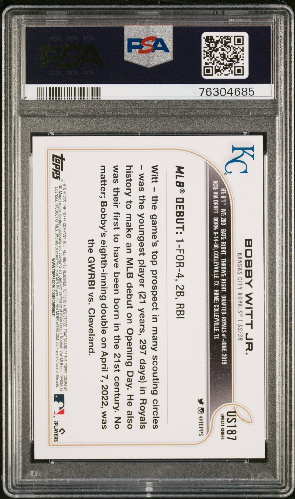 Graded 2022 Topps Update Bobby Witt Jr. #US187 Rookie RC Baseball Card PSA 10 Gem Mint