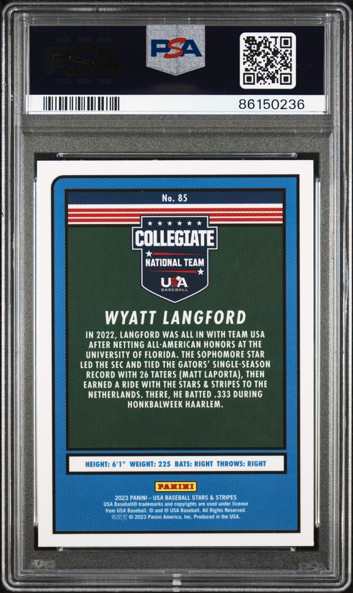 Graded 2023 Panini Stars & Stripes USA Wyatt Langford #85 Rookie RC Baseball Card PSA 10 Gem Mint