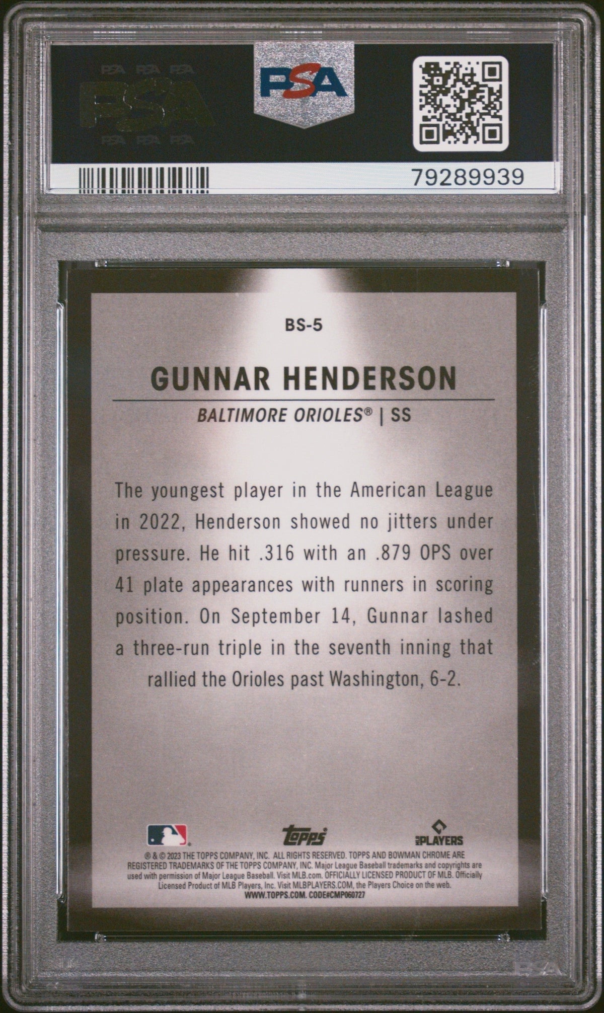 Graded 2023 Topps Bowman Gunnar Henderson #BS5 Spotlights Rookie RC Baseball Card PSA 10 Gem Mint