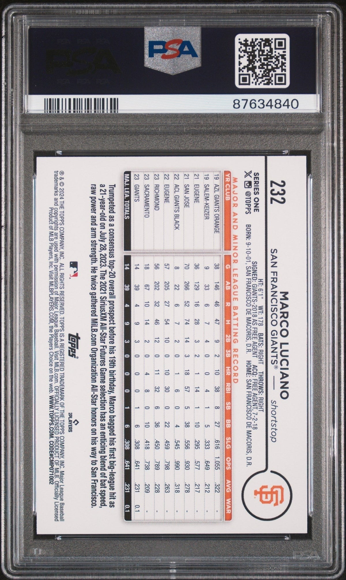 Graded 2024 Topps Marco Luciano #232 Rookie RC Baseball Card PSA 10 Gem Mint
