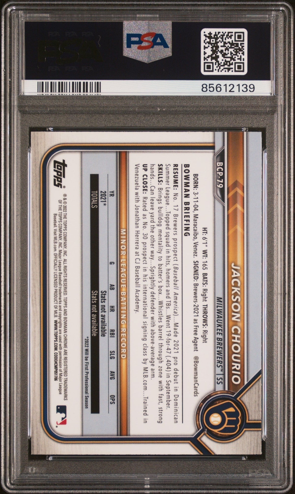 Graded 2022 Topps Bowman Jackson Chourio #BCP79 Chrome Prospects Rookie RC Baseball Card PSA 10 Gem Mint