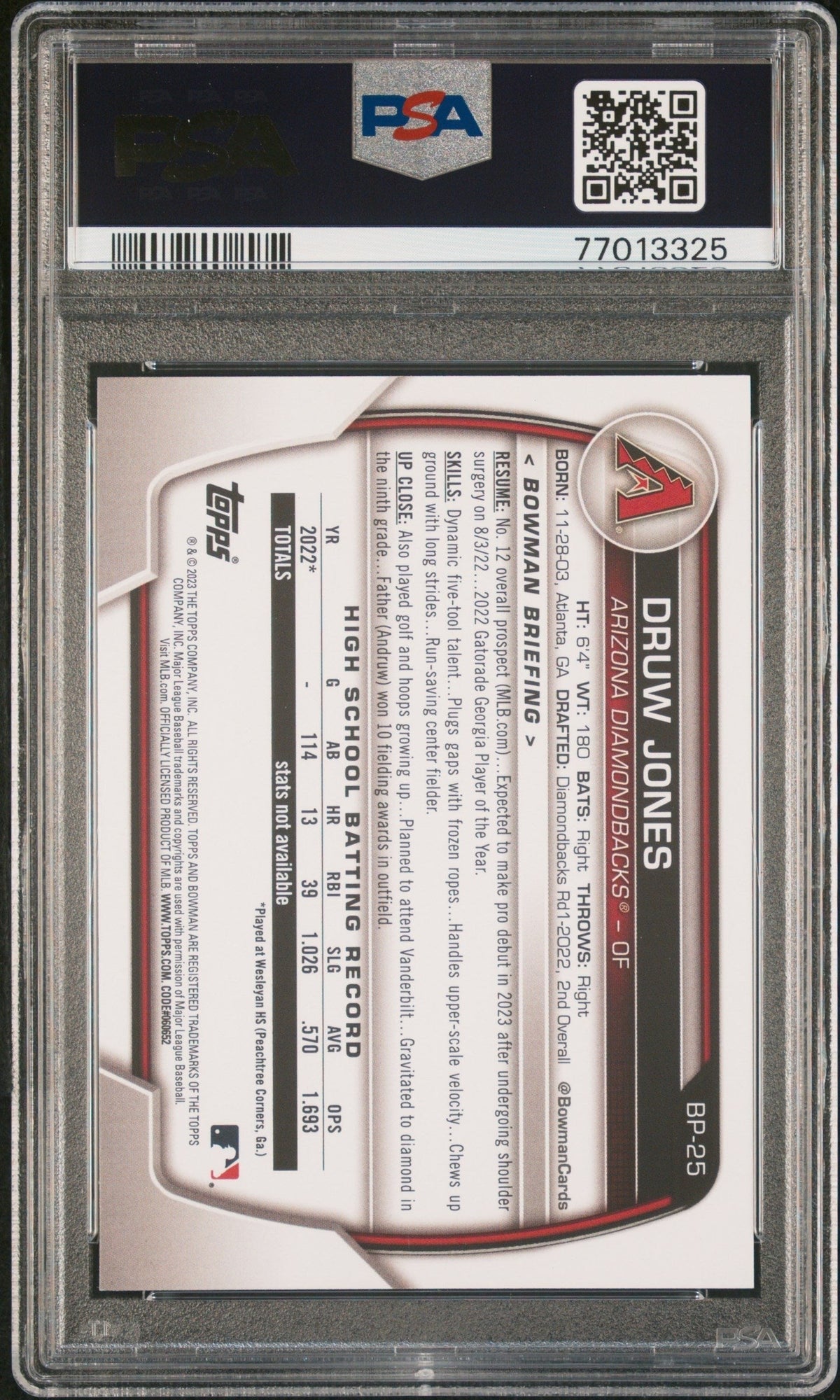 Graded 2023 Topps Bowman Druw Jones #BP25 Paper Prospects Rookie RC Baseball Card PSA 10 Gem Mint