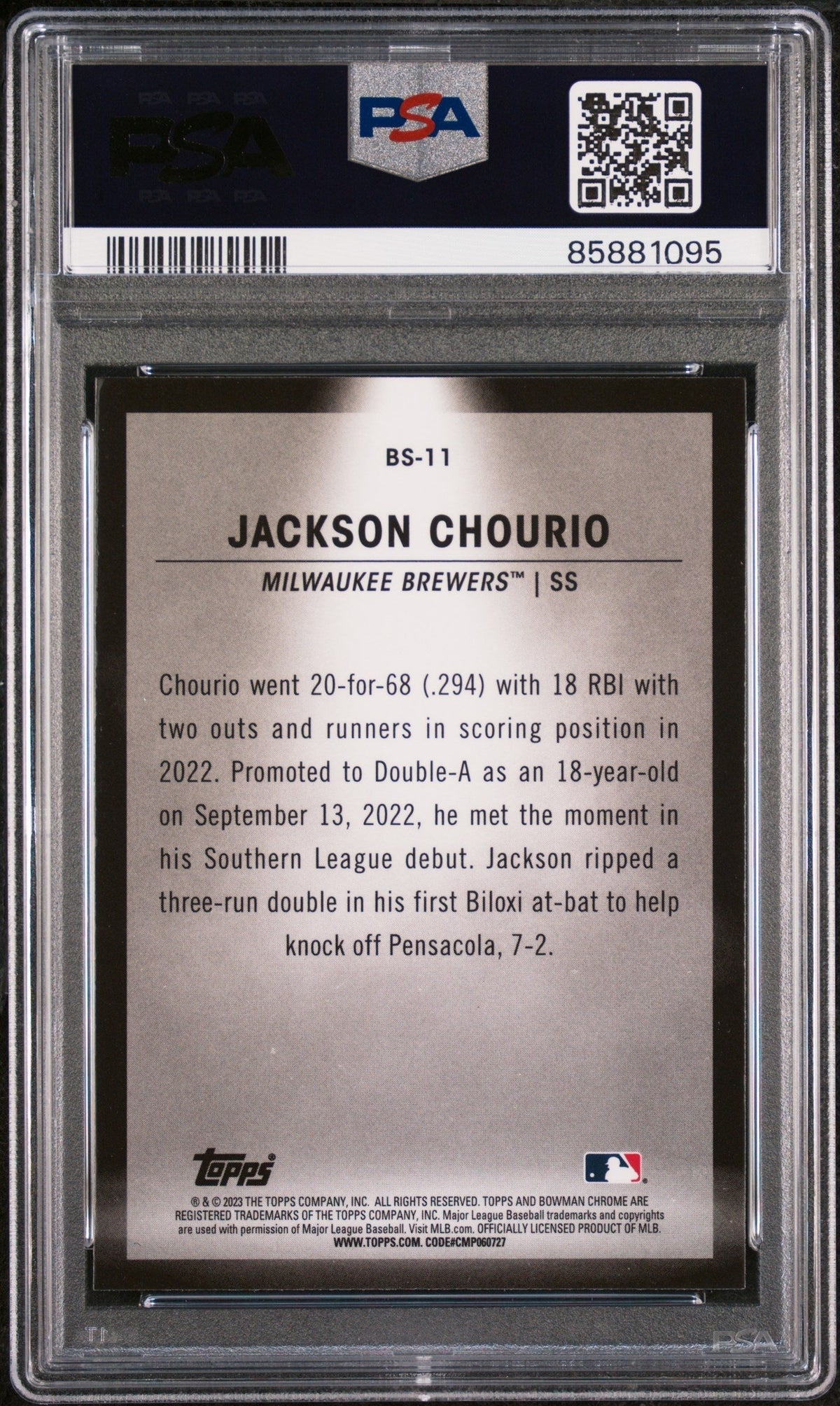 Graded 2023 Topps Bowman Jackson Chourio #BS11 Spotlights Rookie RC Baseball Card PSA 10 Gem Mint