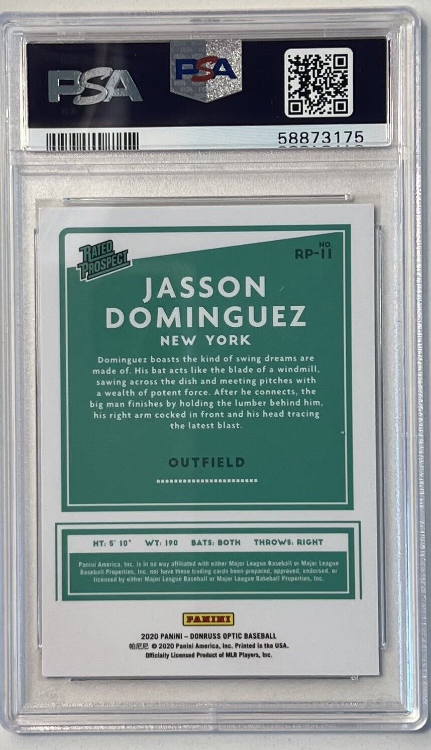 Graded 2020 Panini Donruss Optic Jasson Dominguez #RP11 Rated Prospects Rookie RC Baseball Card PSA 10 Gem Mint