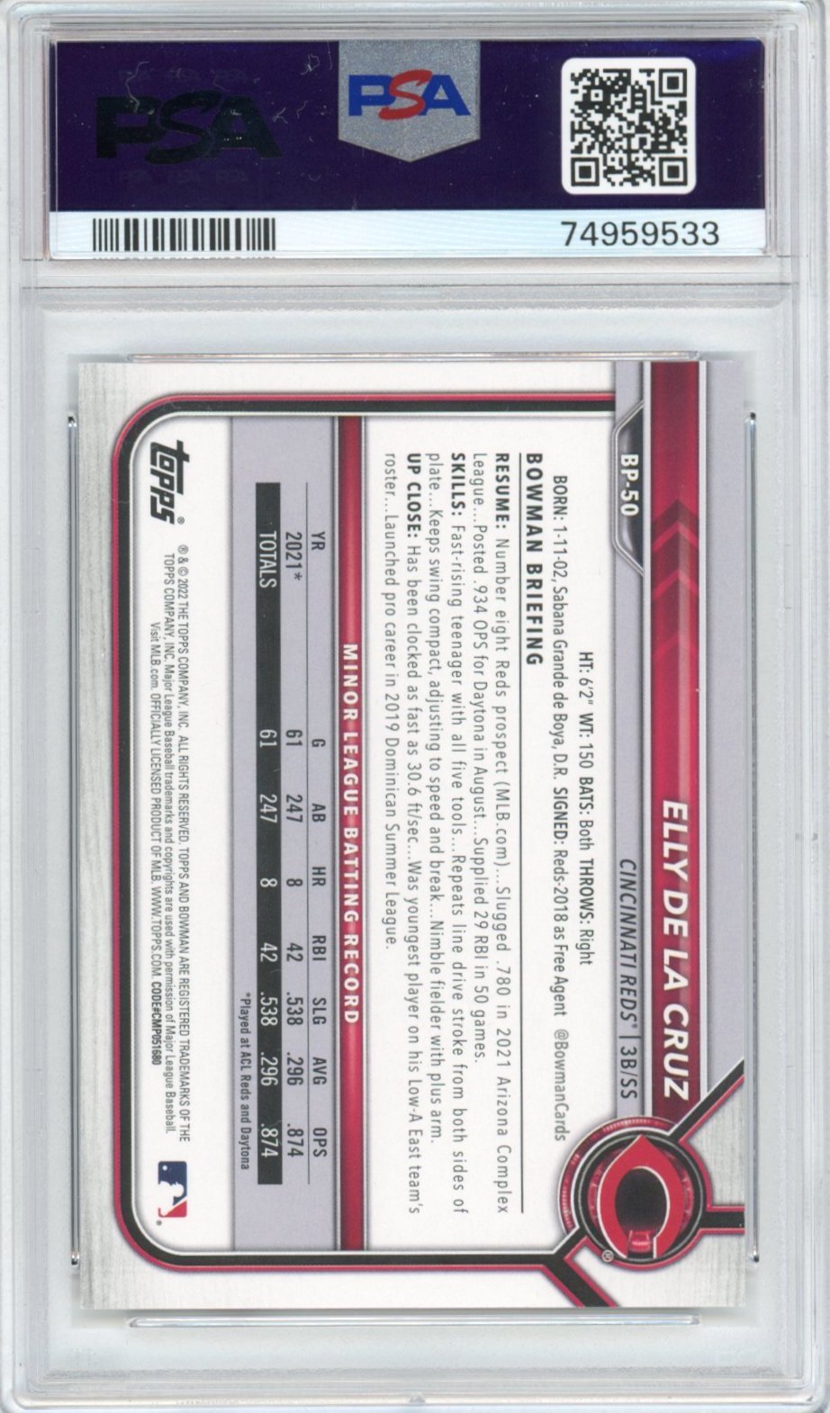 Graded 2022 Bowman Paper Prospects Elly De La Cruz #BP50 Rookie RC Baseball Card PSA 10 Gem Mint