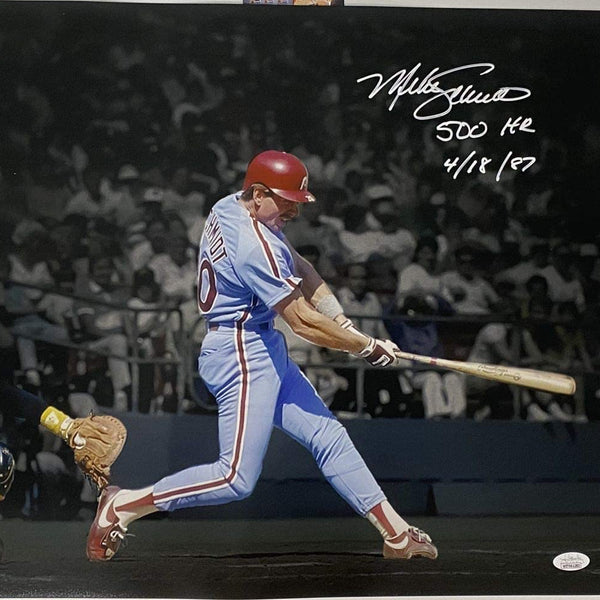Autographed/Signed Mike Schmidt 500th HR Inscribed Philadelphia Phillies 16x20 Baseball Photo JSA COA