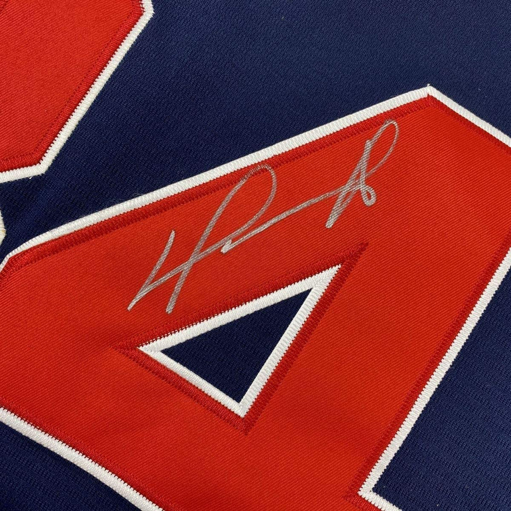 Framed Autographed/Signed David Ortiz 35x39 Boston Blue Baseball Jersey JSA COA