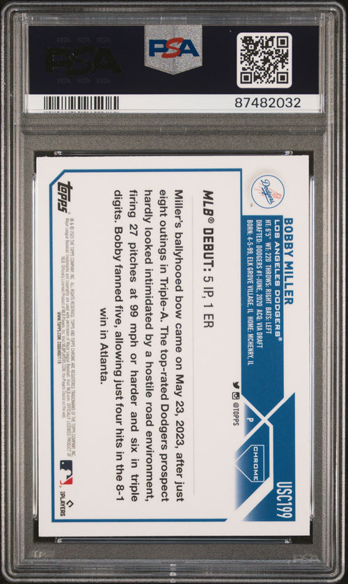 Graded 2023 Topps Chrome Update Bobby Miller #USC199 Rookie RC Baseball Card PSA 10 Gem Mint
