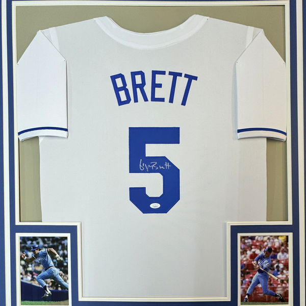 Framed Autographed/Signed George Brett 35x39 Kansas City White Baseball Jersey JSA COA