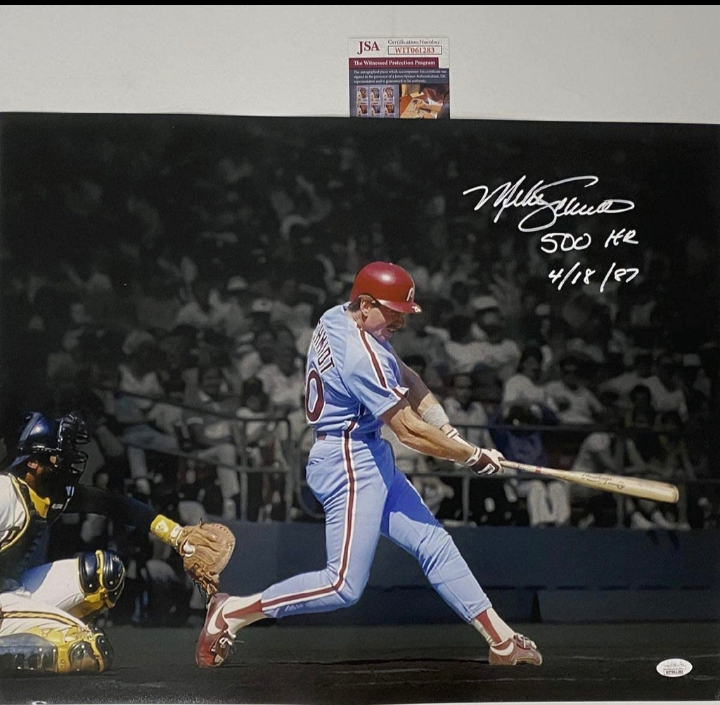 Autographed/Signed Mike Schmidt 500th HR Inscribed Philadelphia Phillies 16x20 Baseball Photo JSA COA
