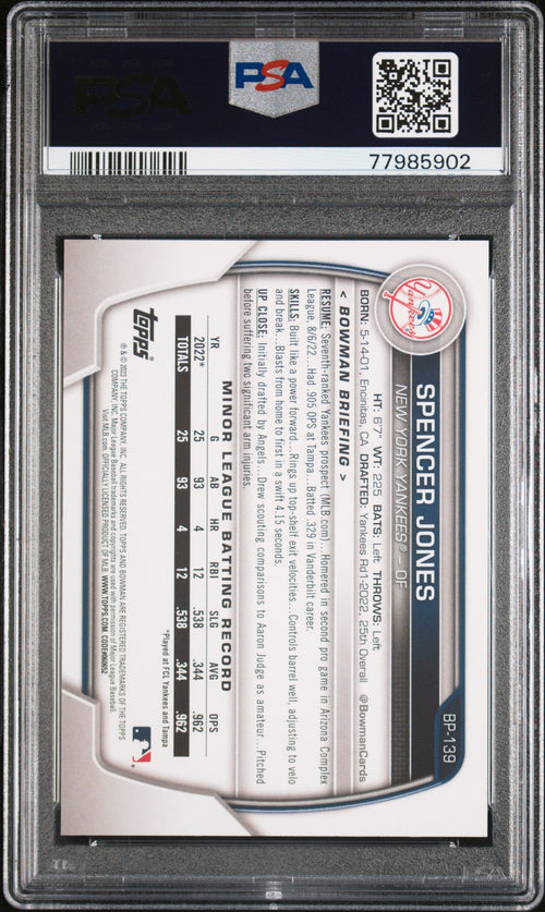 Graded 2023 Topps Bowman Spencer Jones #BP139 Paper Prospects Rookie RC Baseball Card PSA 10 Gem Mint
