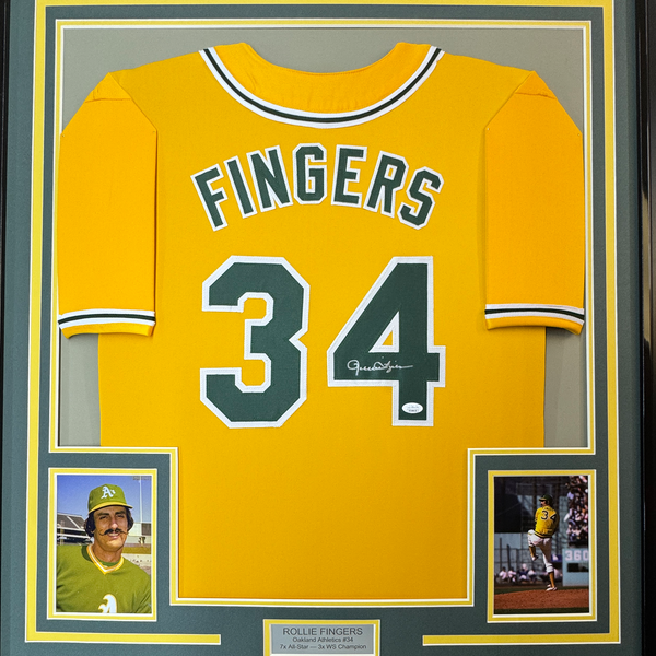 Framed Autographed/Signed Rollie Fingers 35x39 Oakland Yellow Baseball Jersey JSA COA