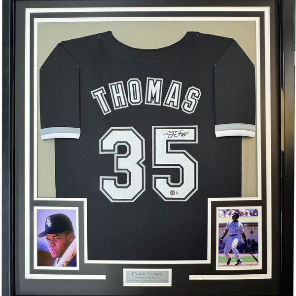 Framed Autographed/Signed Frank Thomas 35x39 Chicago Black Baseball Jersey JSA COA