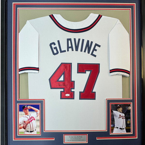 Framed Autographed/Signed Tom Glavine 35x39 Atlanta White Baseball Jersey JSA COA