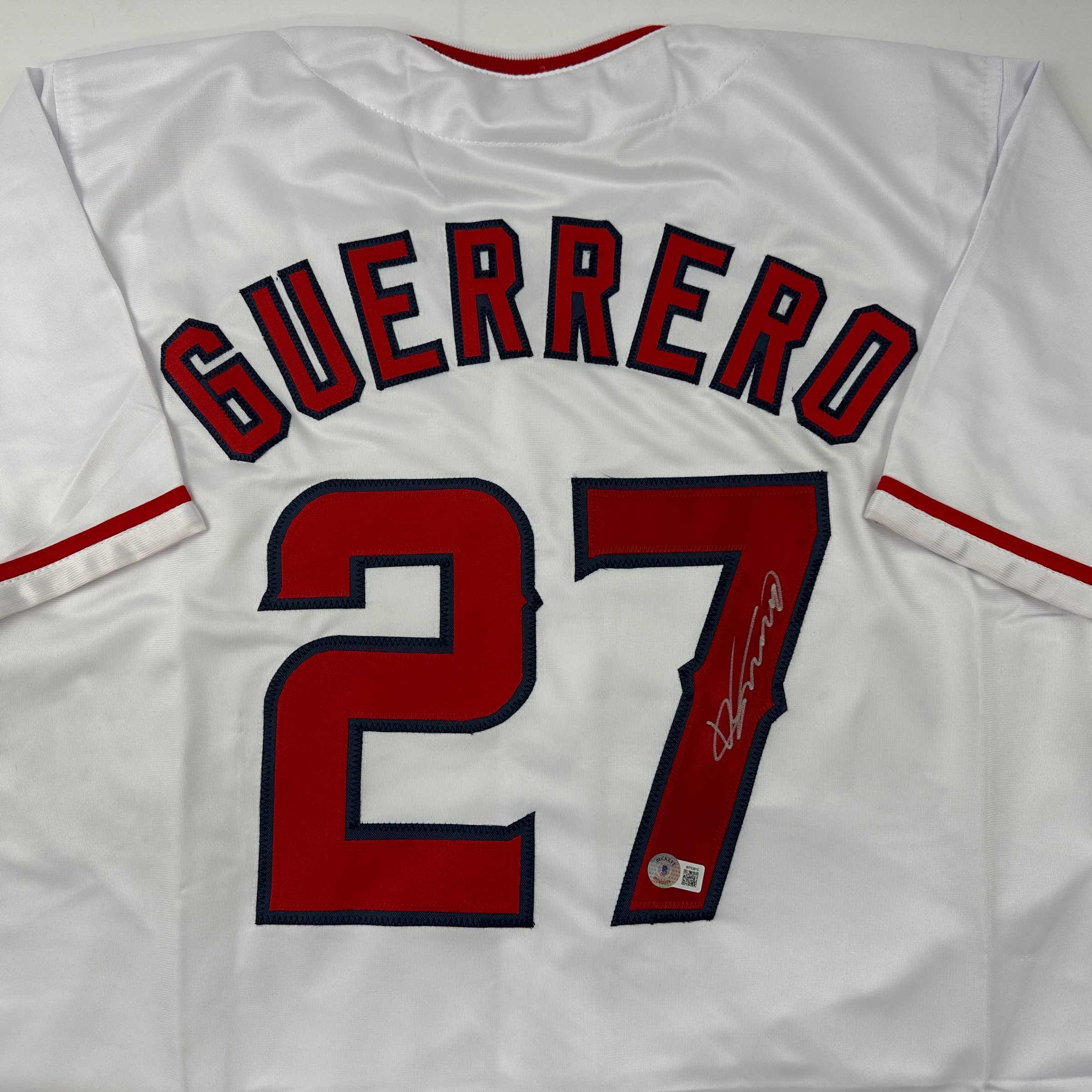 Autographed/Signed Vladimir Vlad Guerrero Los Angeles LA Anaheim White Baseball Jersey Beckett BAS COA