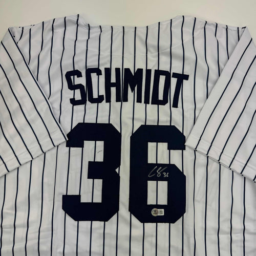 Autographed/Signed Clarke Schmidt New York Pinstripe Baseball Jersey Beckett BAS COA