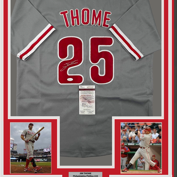 Framed Autographed/Signed Jim Thome 35x39 Philadelphia Grey Baseball Jersey JSA COA