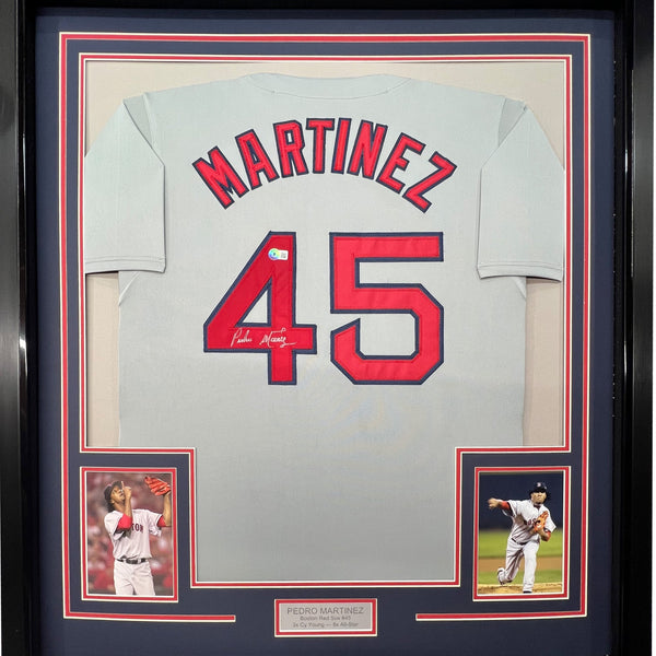 Framed Autographed/Signed Pedro Martinez 35x39 Boston Grey Baseball Jersey JSA COA