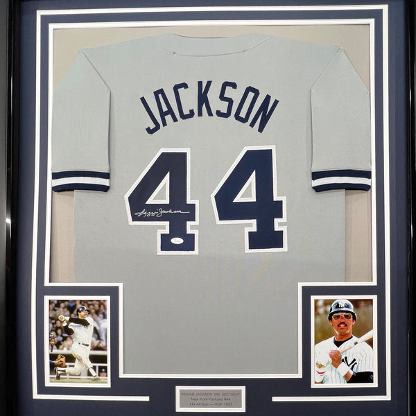 Framed Autographed/Signed Reggie Jackson 35x39 New York Grey Baseball Jersey JSA COA
