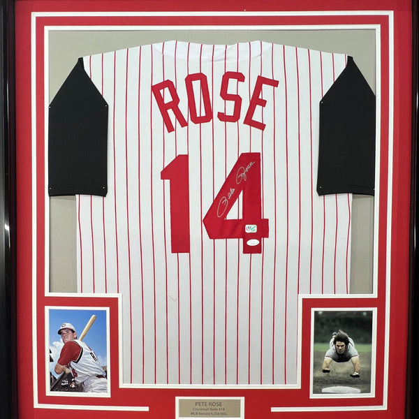 Framed Autographed/Signed Pete Rose 35x39 Cincinnati Pinstripe Baseball Jersey JSA COA