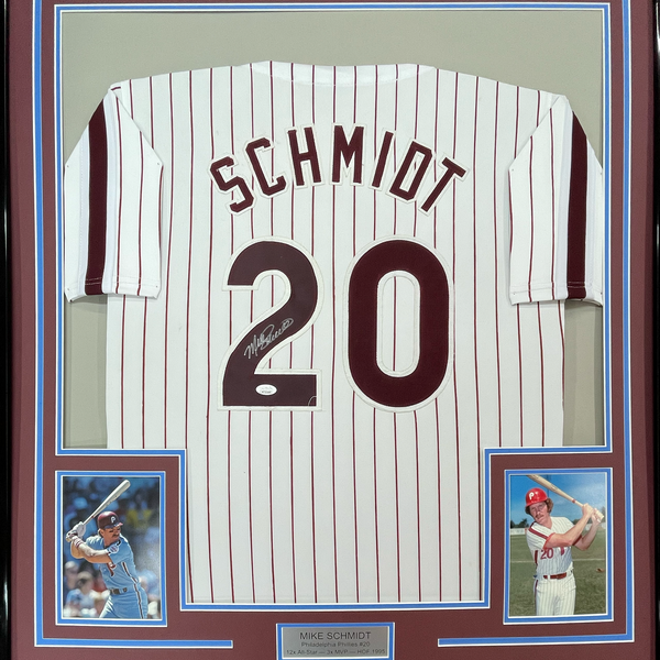 Framed Autographed/Signed Mike Schmidt 35x39 Philadelphia Pinstripe Baseball Jersey JSA COA