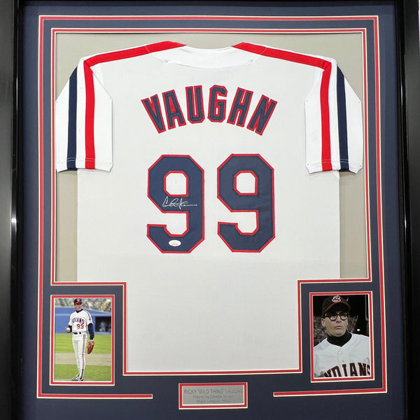 Framed Autographed/Signed Charlie Sheen 35x39 Wild Thing Ricky Vaughn Major League Movie Baseball Jersey JSA COA