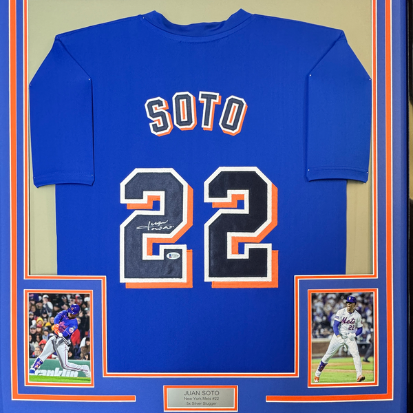 Framed Autographed/Signed Juan Soto 35x39 New York Blue Baseball Jersey Beckett BAS COA