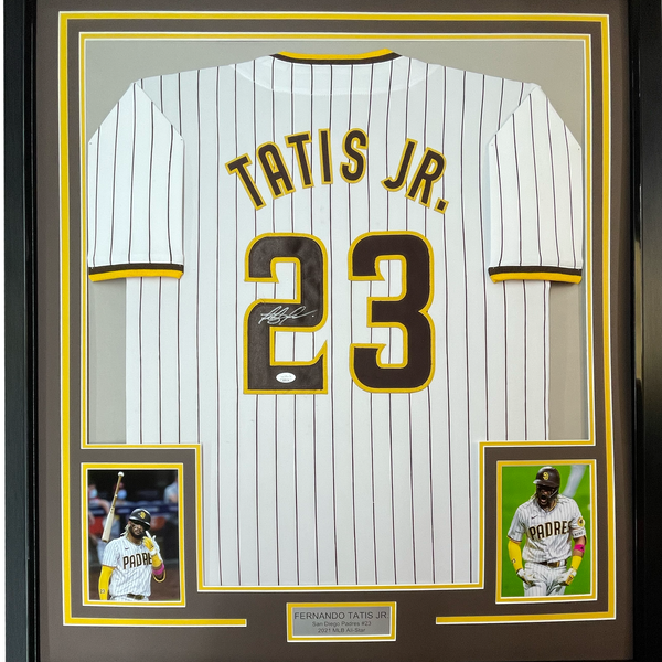 Framed Autographed/Signed Fernando Tatis Jr. 35x39 San Diego Pinstripe Baseball Jersey JSA COA