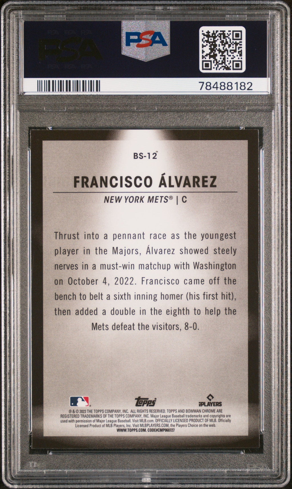 Graded 2023 Topps Bowman Francisco Alvarez #BS12 Spotlights Rookie RC Baseball Card PSA 10 Gem Mint