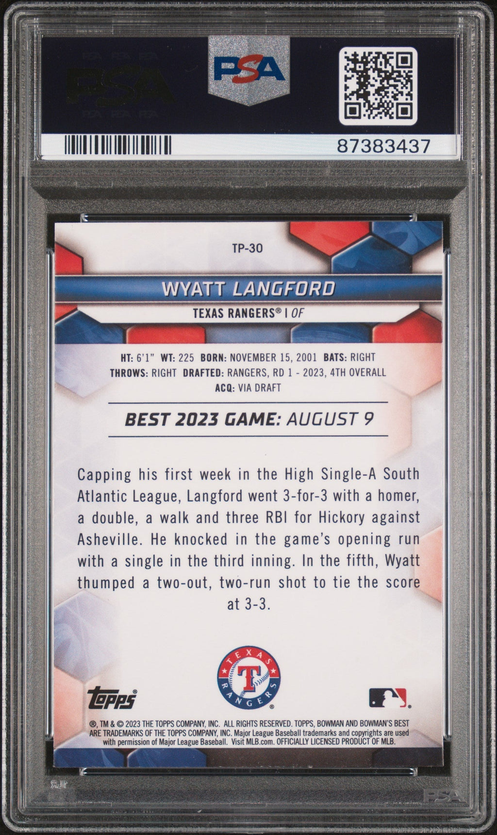 Graded 2023 Topps Bowmans Best Wyatt Langford #TP30 Top Prospects Rookie RC Baseball Card PSA 10 Gem Mint
